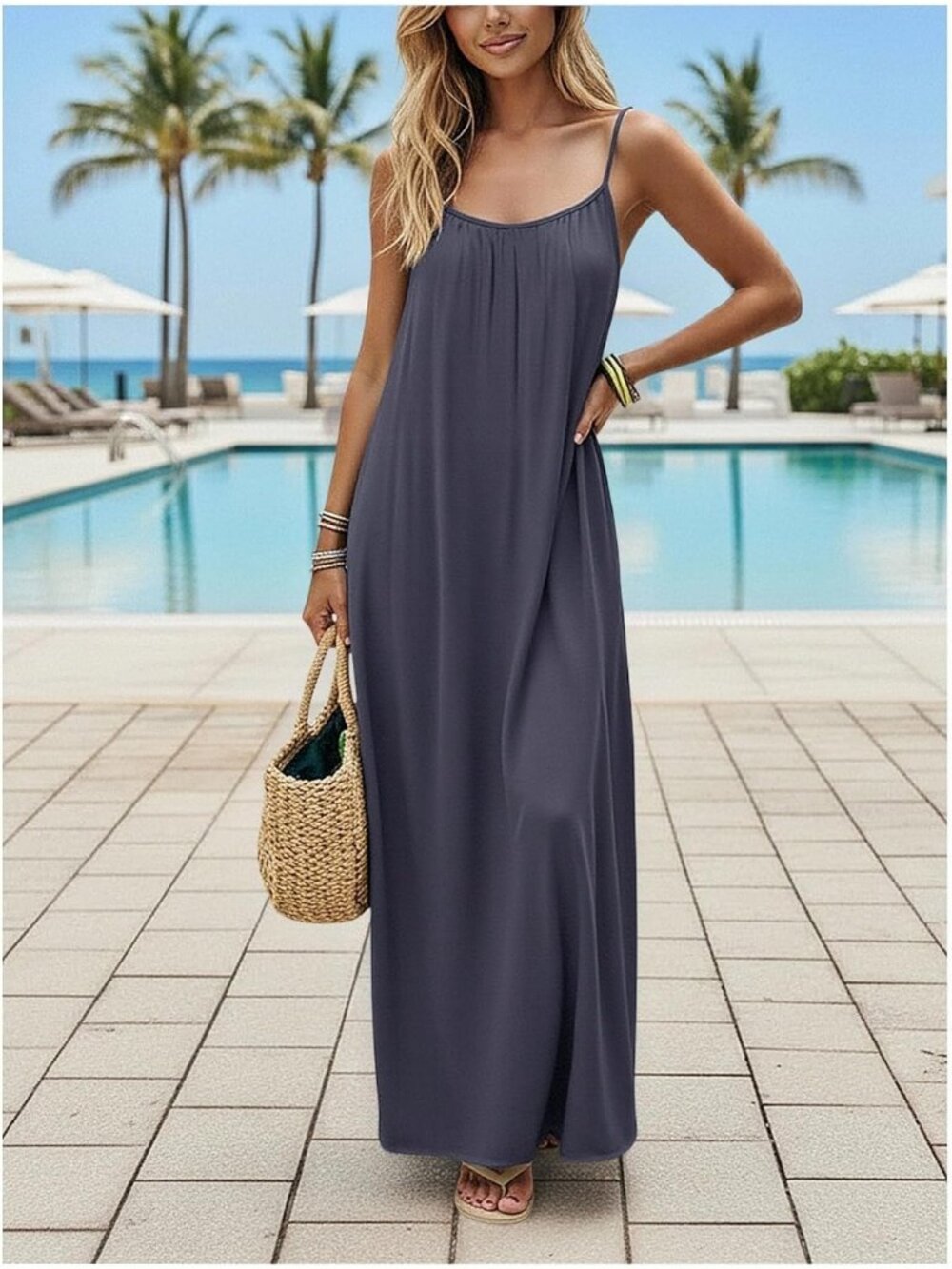 Women's Open Back Spaghetti Strap Beach Maxi Dress Dark Grey Flowy Sundress - Picture 4 of 5
